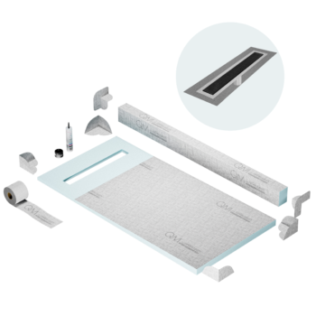 QM Shower Pan Kit 32" with a 24" Kai Linear Drain Flange Edge in Black