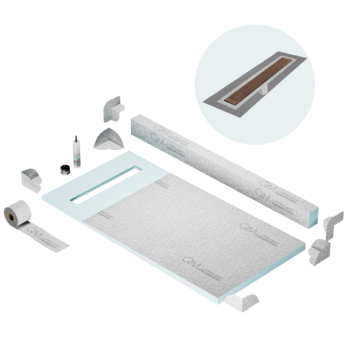 QM Shower Pan Kit 32" with a 24" Kai Linear Drain Flange Edge in Bronze