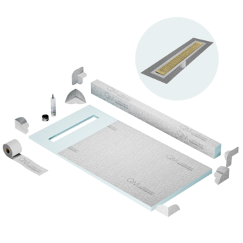 QM Shower Pan Kit 32" with a 24" Kai Linear Drain Flange Edge in Gold