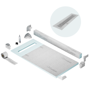 QM Shower Pan Kit 32″ with a 24″ Kai Linear Drain Flange Edge in Satin