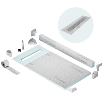 QM Shower Pan Kit 32" with a 24" Kai Linear Drain Flange Edge in Satin