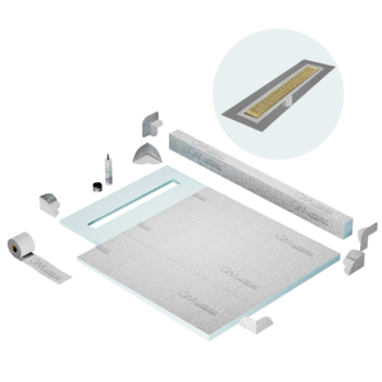 QM Shower Pan Kit 40" with a 32" Kai Linear Drain Flange Edge in Gold
