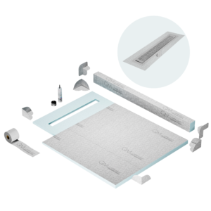 QM Shower Pan Kit 40″ with a 32″ Kai Linear Drain Flange Edge in Satin