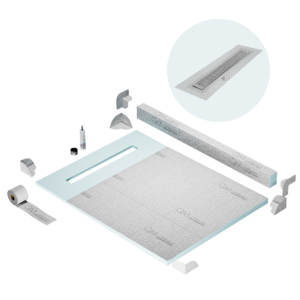 QM Shower Pan Kit 48″ with a 36″ Kai Linear Drain Flange Edge in Satin