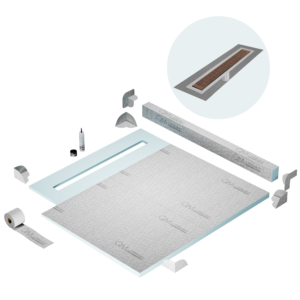 QM Shower Pan Kit 56″ with a 48″ Kai Linear Drain Flange Edge in Bronze