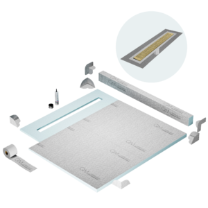 QM Shower Pan Kit 56″ with a 48″ Kai Linear Drain Flange Edge in Gold