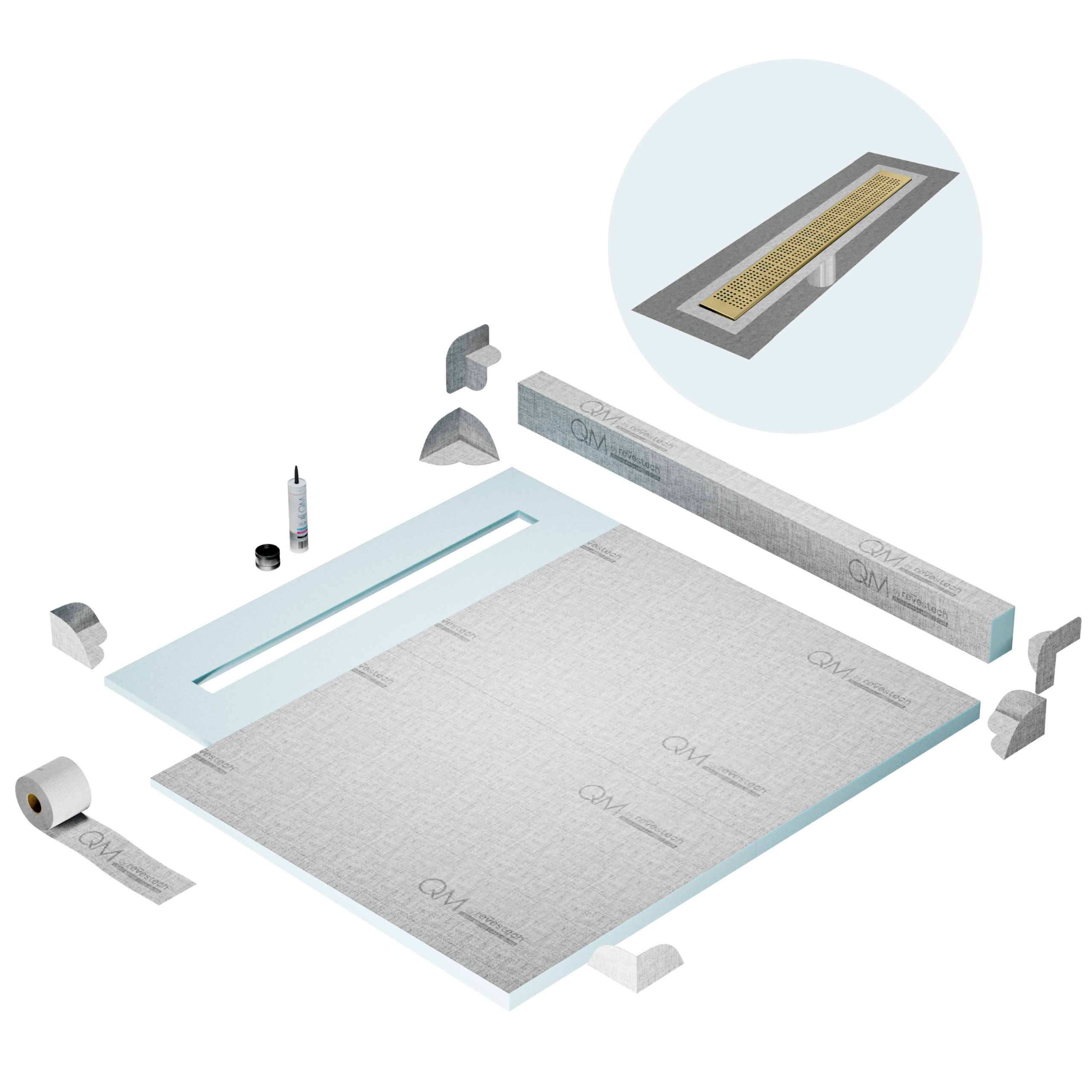 QM Shower Pan Kit 56" with a 48" Kai Linear Drain Flange Edge in Gold