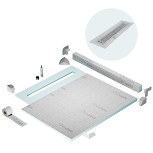 QM Shower Pan Kit 56″ with a 48″ Kai Linear Drain Flange Edge in Satin