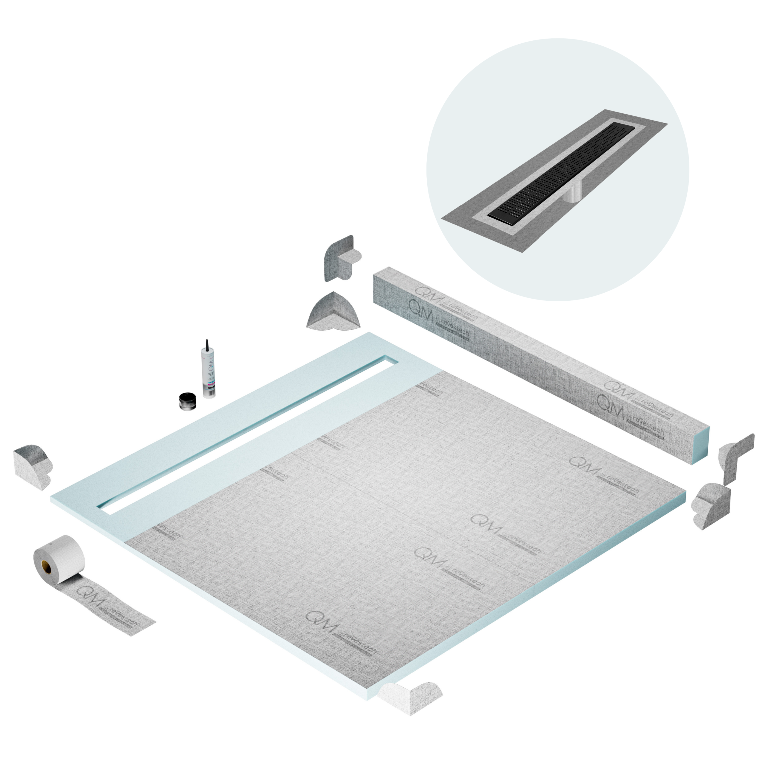 QM Shower Pan Kit 64" with a 58" Kai Linear Drain Flange Edge in Black