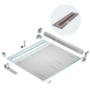 QM Shower Pan Kit 64″ with a 58″ Kai Linear Drain Flange Edge in Bronze