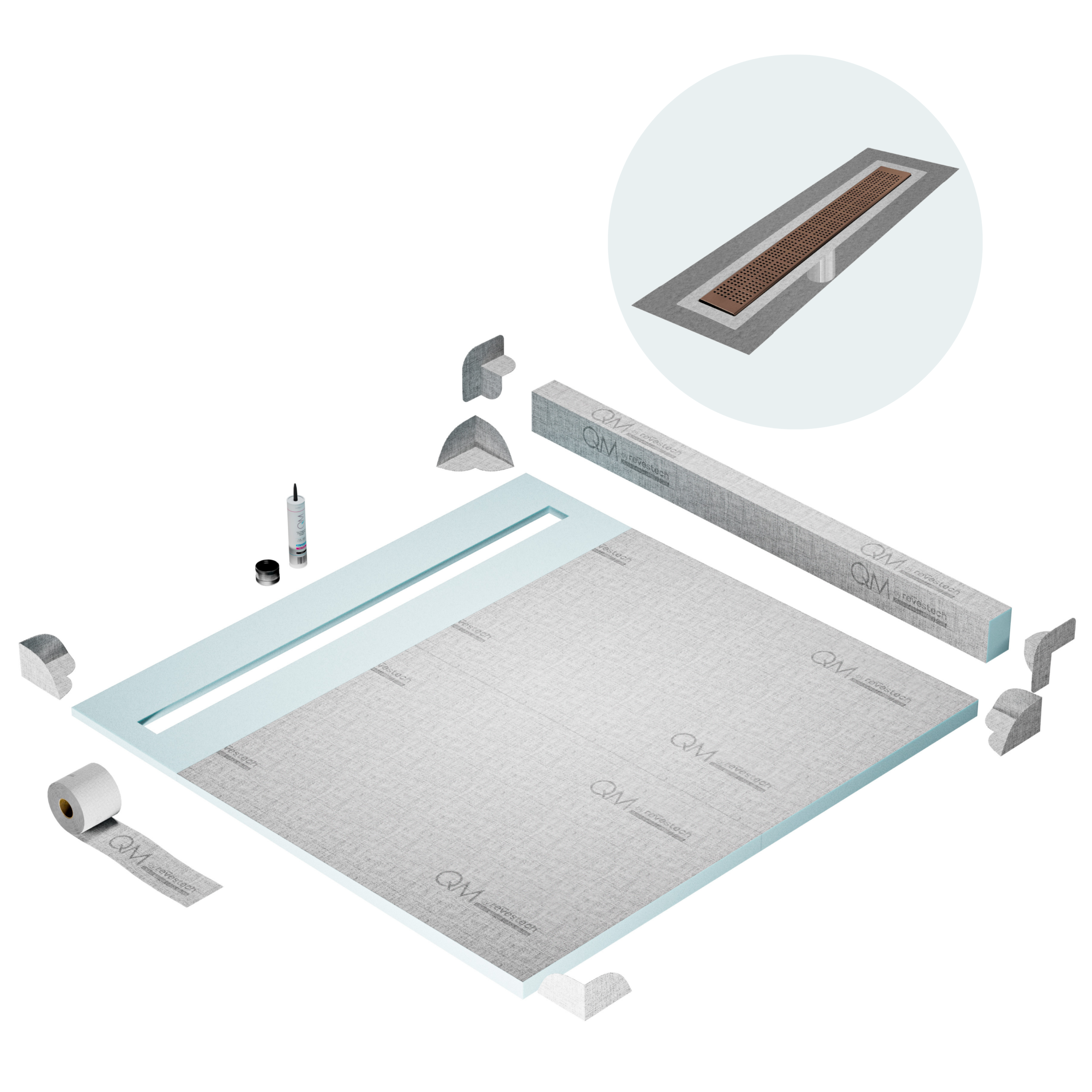 QM Shower Pan Kit 64" with a 58" Kai Linear Drain Flange Edge in Bronze