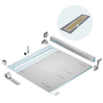 QM Shower Pan Kit 64" with a 58" Kai Linear Drain Flange Edge in Gold