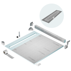 QM Shower Pan Kit 64″ with a 58″ Kai Linear Drain Flange Edge in Polished