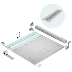 QM Shower Pan Kit 64″ with a 58″ Kai Linear Drain Flange Edge in Satin
