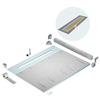QM Shower Pan Kit 80" with a 58" Kai Linear Drain Flange Edge in Gold