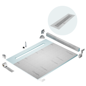 QM Shower Pan Kit 80″ with a 58″ Kai Linear Drain Flange Edge in Satin