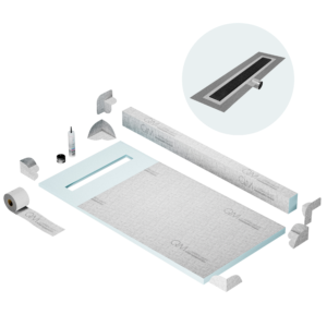 QM Shower Pan Kit 32″ with a 24″ Kai Linear Drain Flange Edge Side Outlet in Black