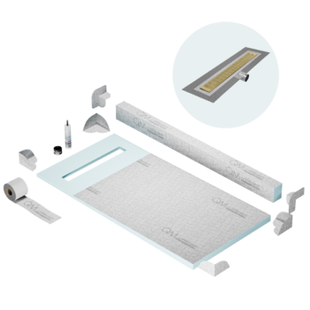QM Shower Pan Kit 32" with a 24" Kai Linear Drain Flange Edge Side Outlet in Gold