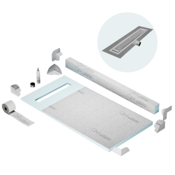 QM Shower Pan Kit 32" with a 24" Kai Linear Drain Flange Edge Side Outlet in Polished