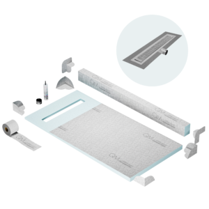 QM Shower Pan Kit 32″ with a 24″ Kai Linear Drain Flange Edge Side Outlet in Satin