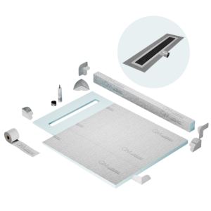 QM Shower Pan Kit 40″ with a 32″ Kai Linear Drain Flange Edge Side Outlet in Black
