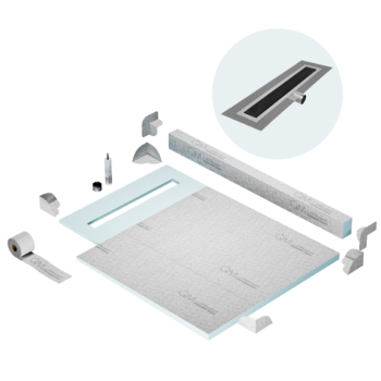 QM Shower Pan Kit 40" with a 32" Kai Linear Drain Flange Edge Side Outlet in Black