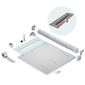 QM Shower Pan Kit 40″ with a 32″ Kai Linear Drain Flange Edge Side Outlet in Bronze