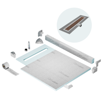 QM Shower Pan Kit 40" with a 32" Kai Linear Drain Flange Edge Side Outlet in Bronze
