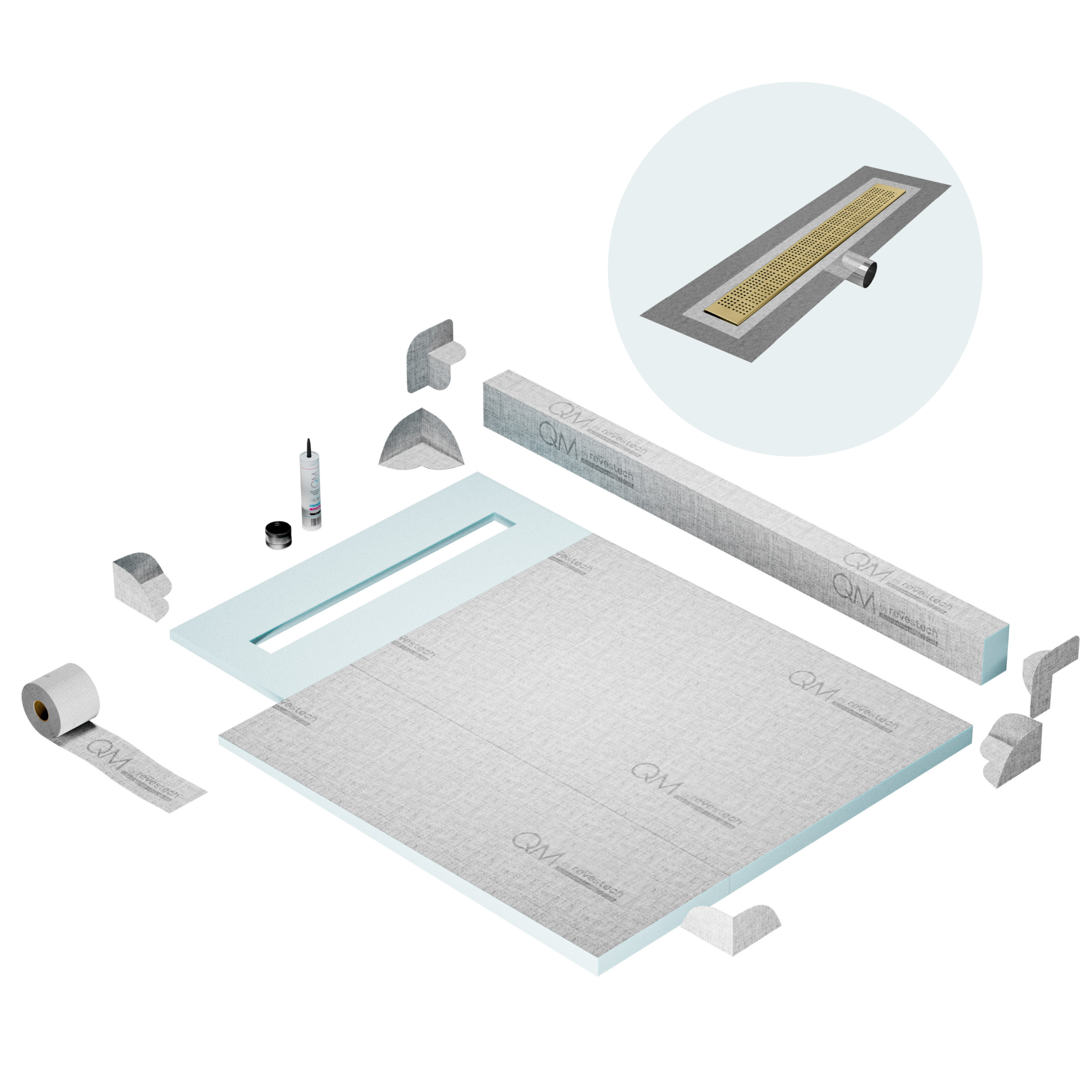 QM Shower Pan Kit 40" with a 32" Kai Linear Drain Flange Edge Side Outlet in Gold