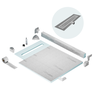 QM Shower Pan Kit 40″ with a 32″ Kai Linear Drain Flange Edge Side Outlet in Satin