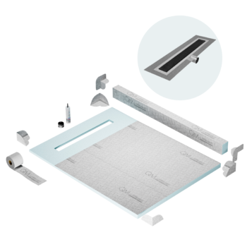 QM Shower Pan Kit 48" with a 36" Kai Linear Drain Flange Edge Side Outlet in Black
