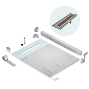 QM Shower Pan Kit 48″ with a 36″ Kai Linear Drain Flange Edge Side Outlet in Bronze