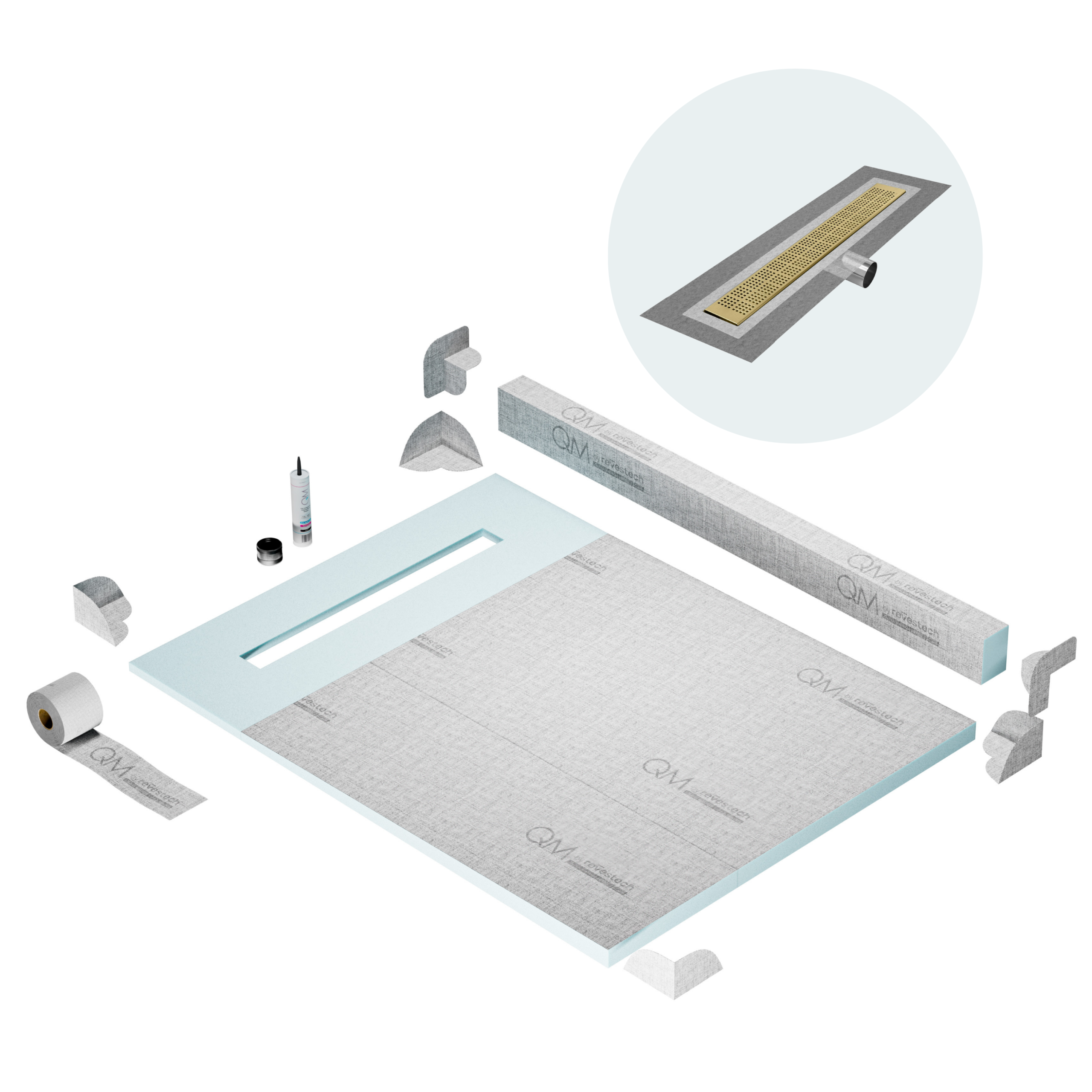 QM Shower Pan Kit 48" with a 36" Kai Linear Drain Flange Edge Side Outlet in Gold