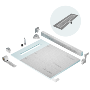 QM Shower Pan Kit 48″ with a 36″ Kai Linear Drain Flange Edge Side Outlet in Satin