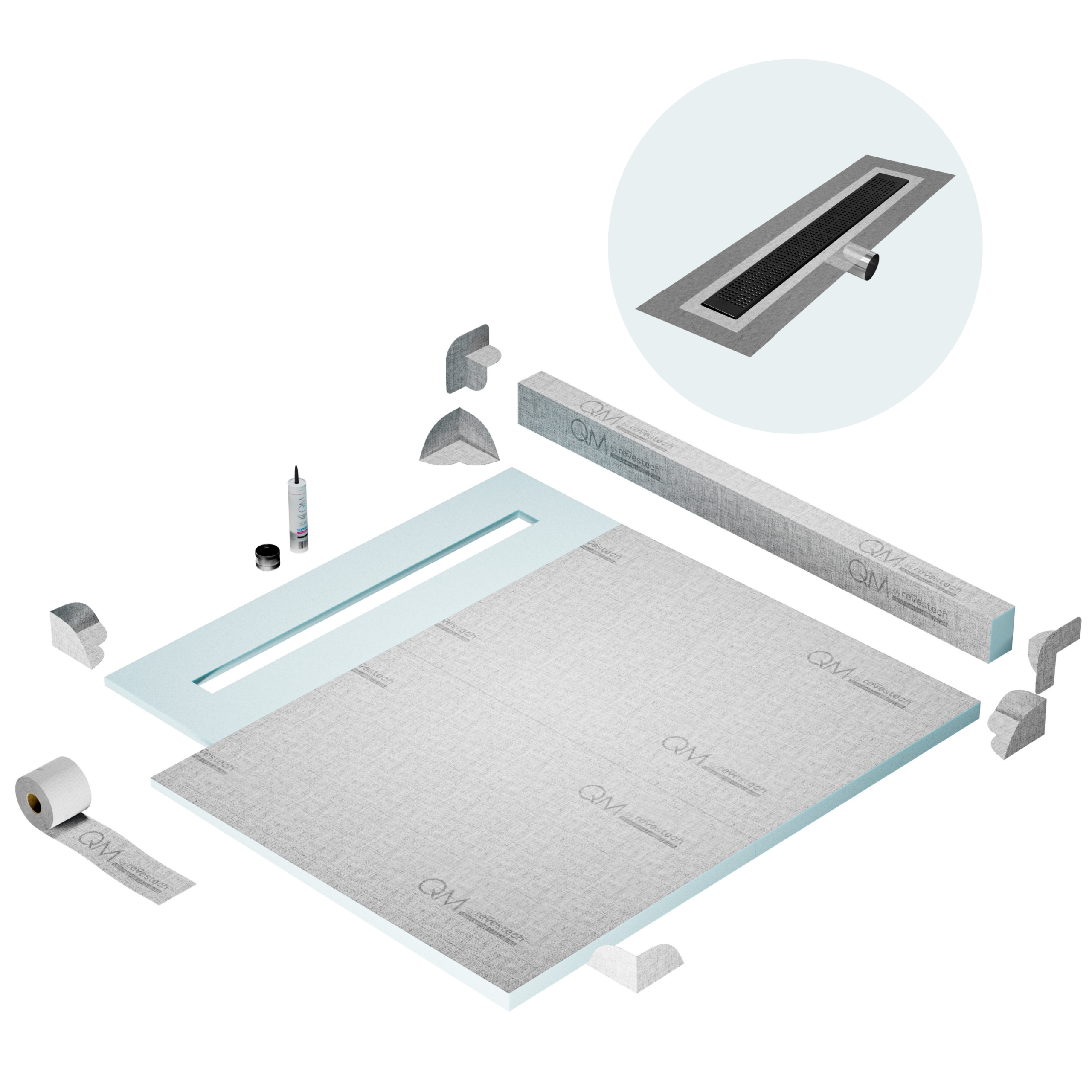 QM Shower Pan Kit 56" with a 48" Kai Linear Drain Flange Edge Side Outlet in Black