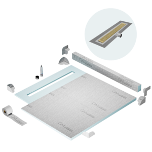 QM Shower Pan Kit 56″ with a 48″ Kai Linear Drain Flange Edge Side Outlet in Gold