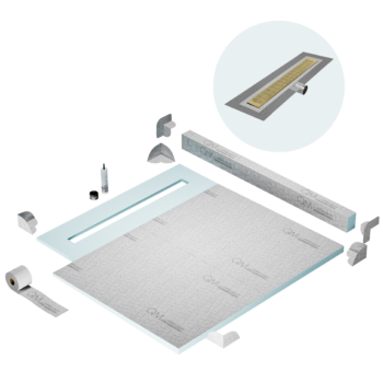 QM Shower Pan Kit 56" with a 48" Kai Linear Drain Flange Edge Side Outlet in Gold