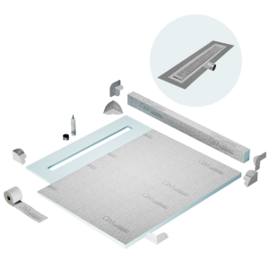QM Shower Pan Kit 56″ with a 48″ Kai Linear Drain Flange Edge Side Outlet in Satin