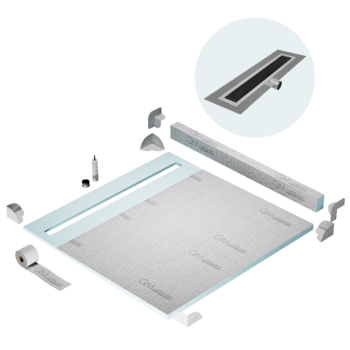 QM Shower Pan Kit 64" with a 58" Kai Linear Drain Flange Edge Side Outlet in Black
