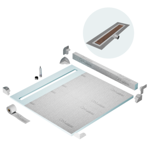 QM Shower Pan Kit 64″ with a 58″ Kai Linear Drain Flange Edge Side Outlet in Bronze