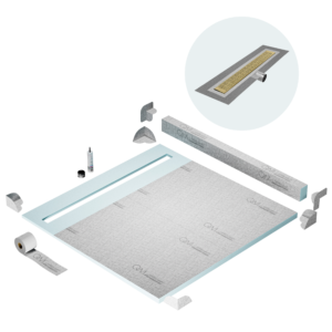 QM Shower Pan Kit 64″ with a 58″ Kai Linear Drain Flange Edge Side Outlet in Gold