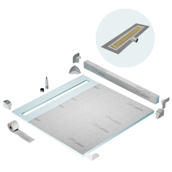 QM Shower Pan Kit 64" with a 58" Kai Linear Drain Flange Edge Side Outlet in Gold
