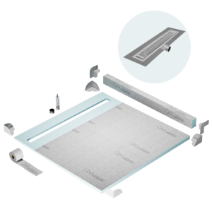 QM Shower Pan Kit 64″ with a 58″ Kai Linear Drain Flange Edge Side Outlet in Polished