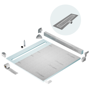 QM Shower Pan Kit 64″ with a 58″ Kai Linear Drain Flange Edge Side Outlet in Satin