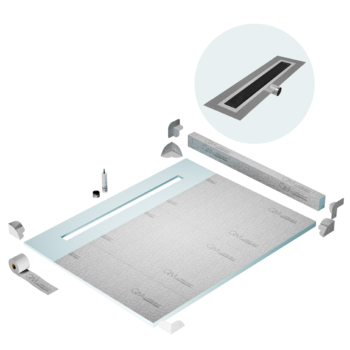 QM Shower Pan Kit 80" with a 58" Kai Linear Drain Flange Edge Side Outlet in Black