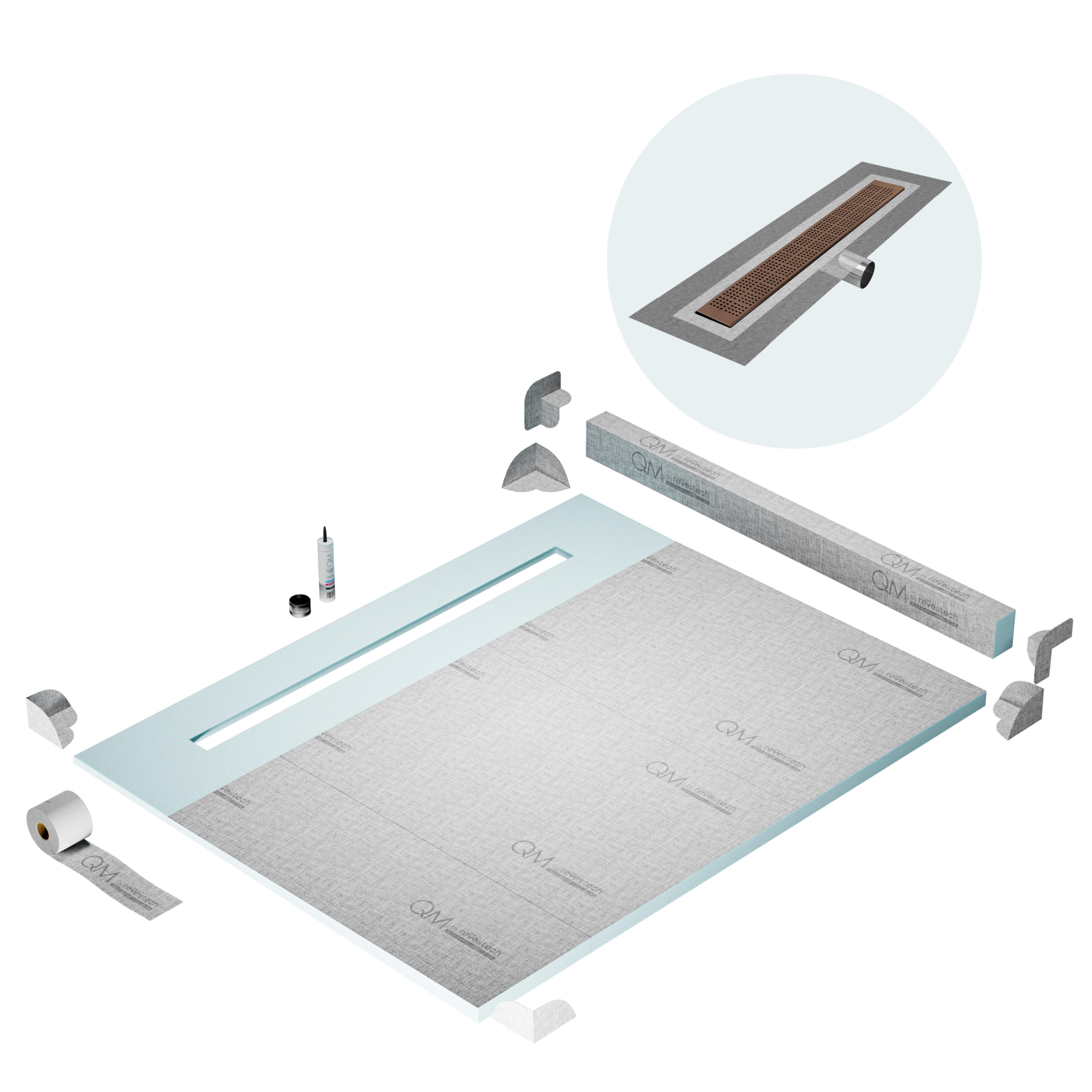 QM Shower Pan Kit 80" with a 58" Kai Linear Drain Flange Edge Side Outlet in Bronze
