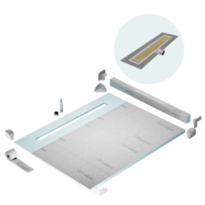 QM Shower Pan Kit 80″ with a 58″ Kai Linear Drain Flange Edge Side Outlet in Gold