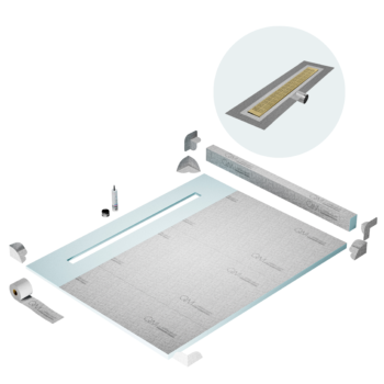 QM Shower Pan Kit 80" with a 58" Kai Linear Drain Flange Edge Side Outlet in Gold