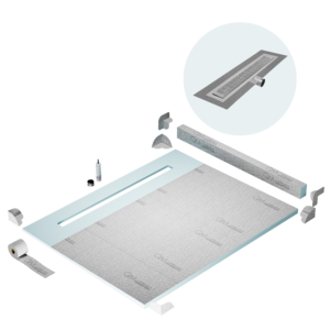 QM Shower Pan Kit 80″ with a 58″ Kai Linear Drain Flange Edge Side Outlet in Satin