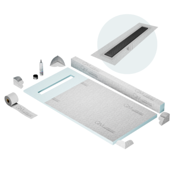 QM Shower Pan Kit 32" with a 24" Lotus Linear Drain Flange Edge in Black